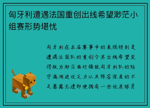 匈牙利遭遇法国重创出线希望渺茫小组赛形势堪忧