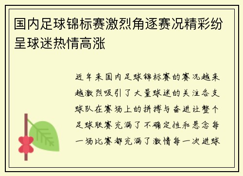 国内足球锦标赛激烈角逐赛况精彩纷呈球迷热情高涨