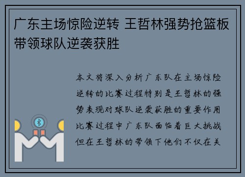 广东主场惊险逆转 王哲林强势抢篮板带领球队逆袭获胜