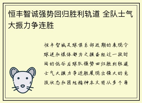 恒丰智诚强势回归胜利轨道 全队士气大振力争连胜