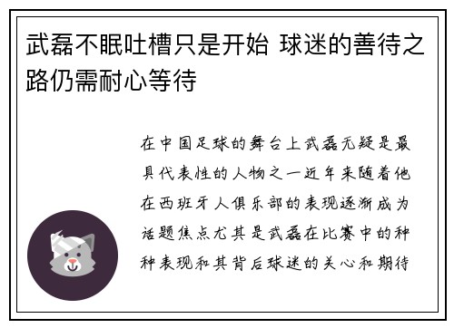 武磊不眠吐槽只是开始 球迷的善待之路仍需耐心等待