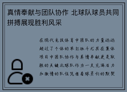 真情奉献与团队协作 北球队球员共同拼搏展现胜利风采