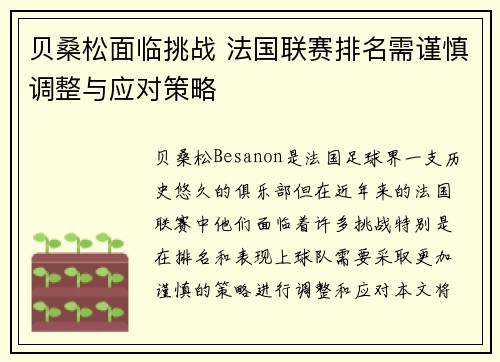贝桑松面临挑战 法国联赛排名需谨慎调整与应对策略